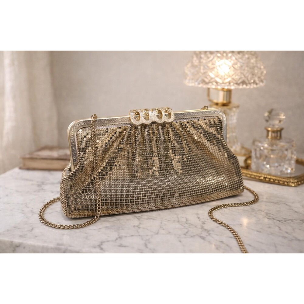 Vintage Gold Mesh Elegant Evening Bag With Rhinestone Clasp & Chain Strap Prom W